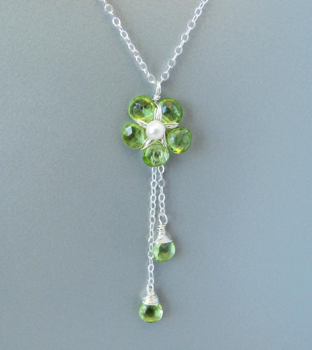 Wire Wrapped Peridot Gemstone Flower Necklace-Sterling Silver
