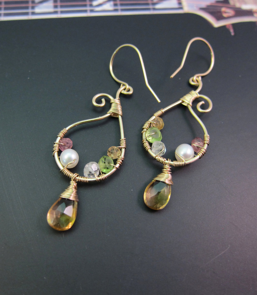 Wire Wrapped Multiple Gemstone Earrings-14K Gold Filled