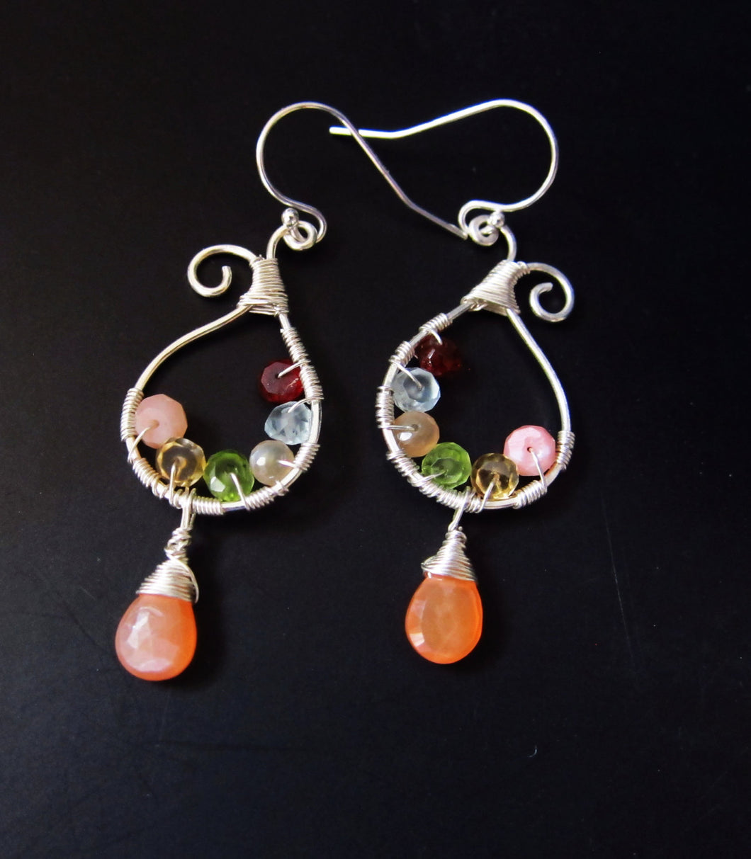 Wire Wrapped Gemstone Earrings-Moonstone Opal Citrine Peridot Aquamarine Garnet-Sterling Silver
