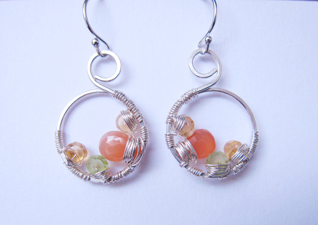 Wire Wrapped Gemstone Earrings-Citrine Peridot Moonstone-Sterling Silver
