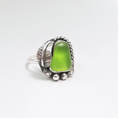 Lime Green Sea Glass Ring Sterling Silver Size 8