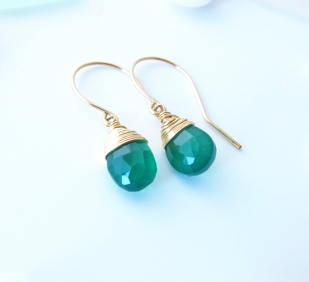 Wire Wrapped Emerald Green Onyx Earrings-Sterling Silver-14K Gold-Rose Gold Filled