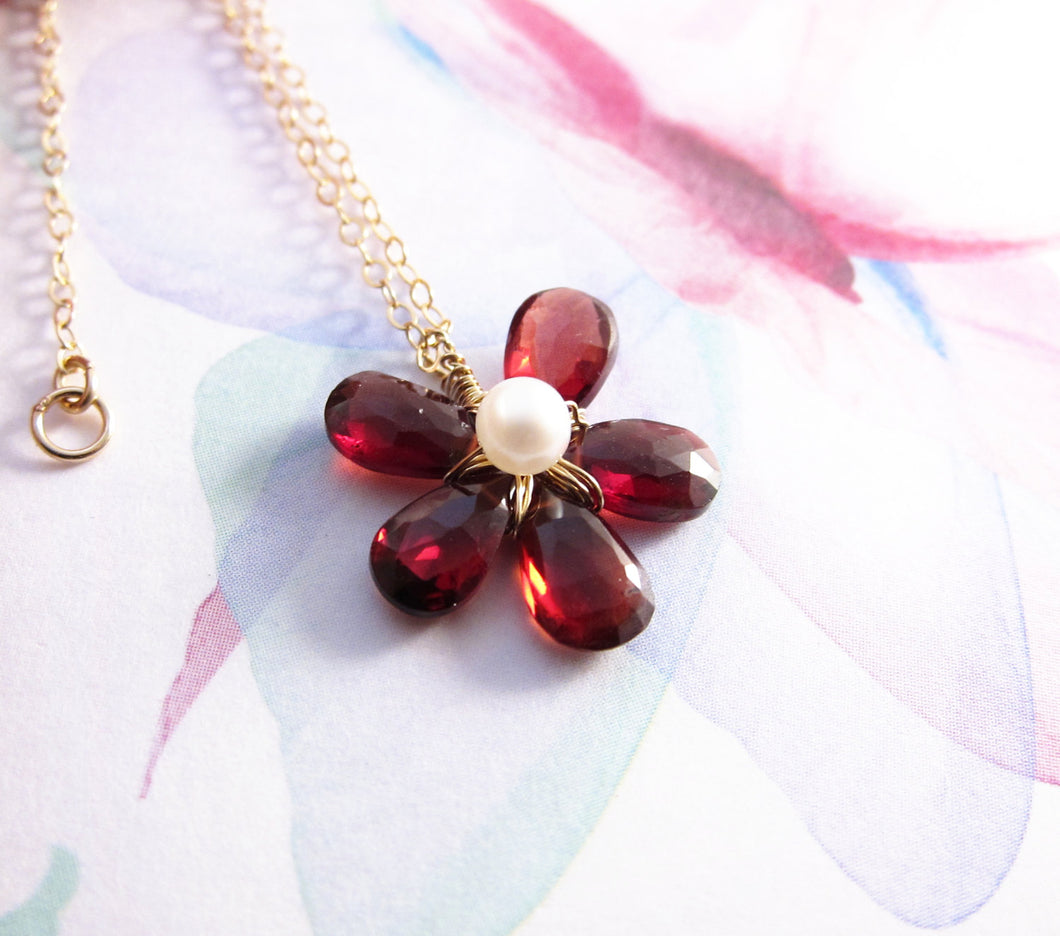 Red Garnet Flower Necklace-14K Gold-Rose Gold Filled